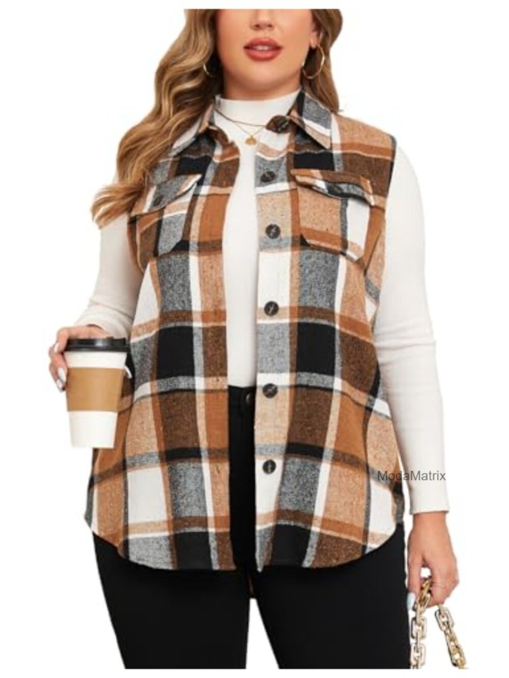Plus Size Flannel Plaid Long Vest Button Down Sleeveless Shacket Coat
